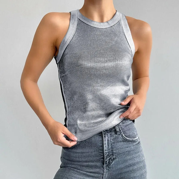 Elegant Silver Sleeveless Knit Tank Top for Women - Office Lady Style